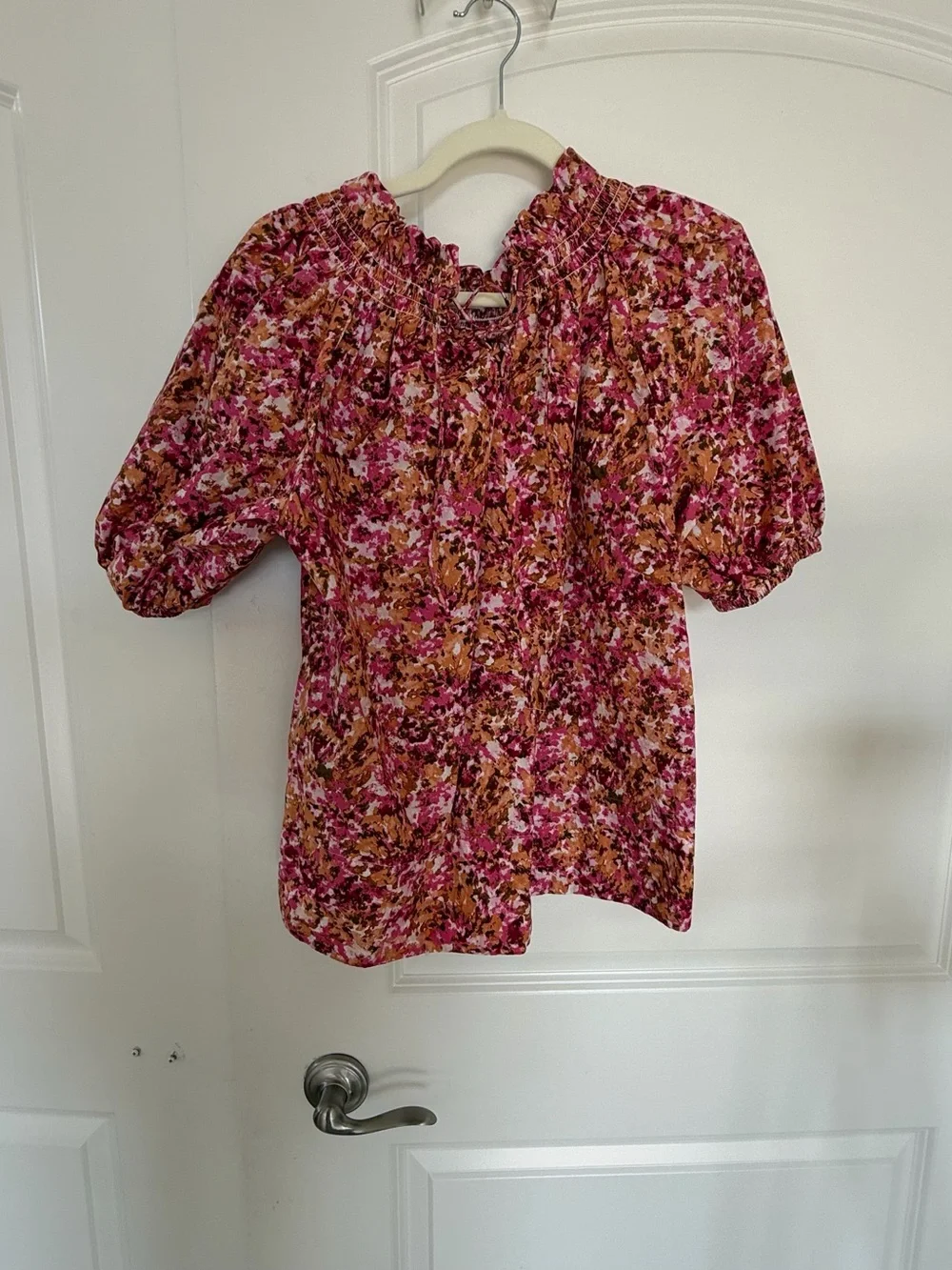 J. Crew Pink and Orange Floral Smocked Neck Blouse